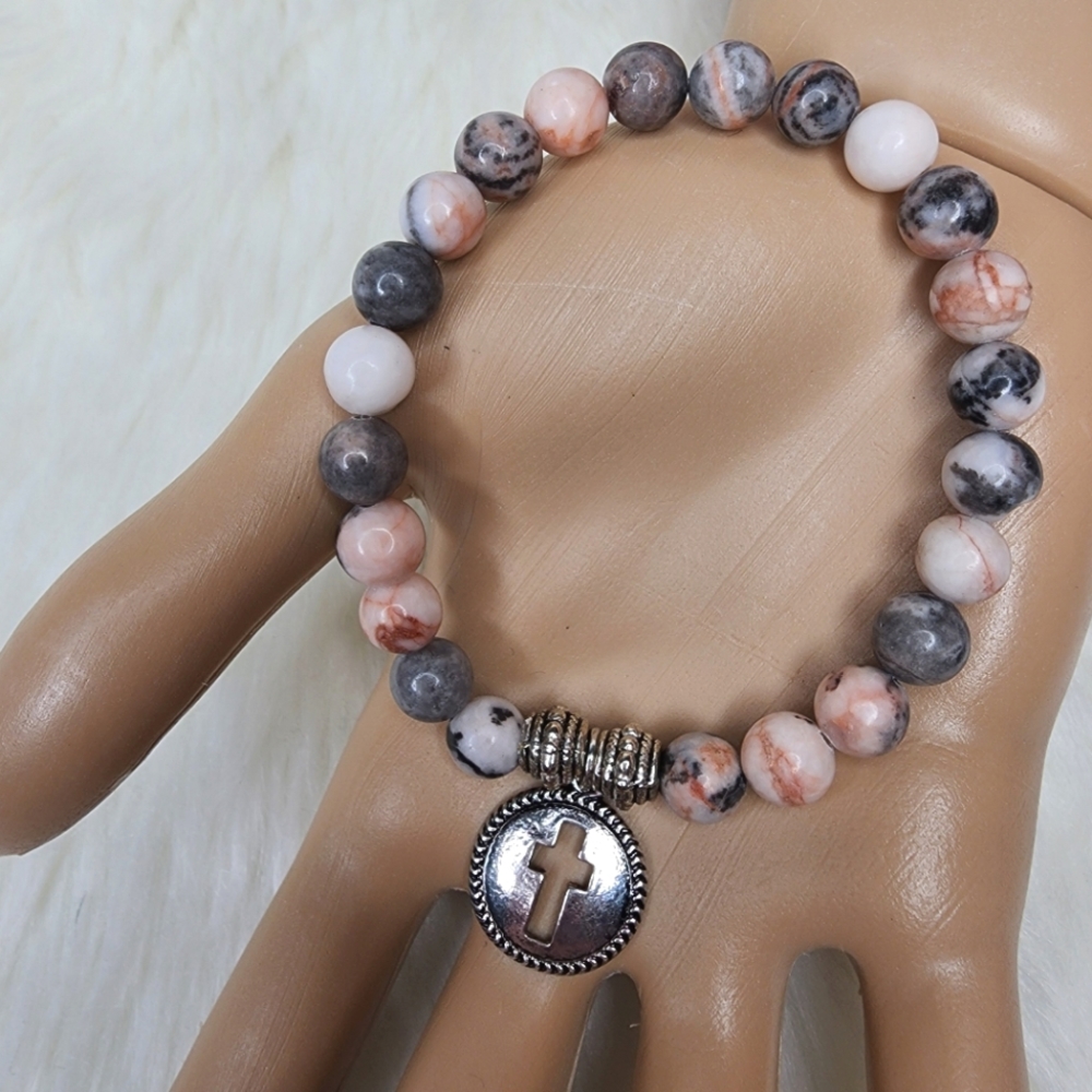 Handmade Stretch Bracelet Pink & Gray Marbled Glass Jasper Beads Cross Charm
